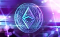 Neon glowing Ethereum Classic ETC coin in Ultra Violet colors with cryptocurrency blockchain nodes in blurry background. 3D rend
