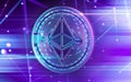 Neon glowing Ethereum ETC coin in Ultra Violet colors with cryptocurrency blockchain nodes in blurry background. 3D rendering