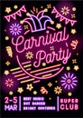 Neon glowing festive placard in 80s style. Vertical advertising template for carnival party. Poster with electric