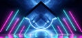 Neon Glowing Futuristic Triangle Sci Fi Dark Night Laser Purple Blue Triangle Shaped Corridor Tunnel Reflective Concrete Stage