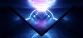 Neon Glowing Futuristic Triangle Sci Fi Dark Night Laser Purple Blue Triangle Shaped Corridor Tunnel Reflective Concrete Stage