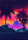 Vaporwave landscape with rocks and palms