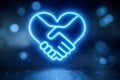 Neon glowing handshake symbol integrated into a heart shape representing partnership trust and unity in a modern digital Royalty Free Stock Photo