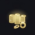 Neon glowing icon of stack of golden coins isolated on dark background.