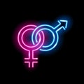 Neon glowing icon of venus and mars isolated on black background. Male and female sex symbols.