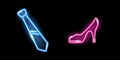 Neon glowing icons of pink highheel shoe and blue tie isolated on black background. Man and woman symbols