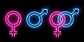 Neon glowing icons of venus and mars isolated on black background. Male and female sex symbols. Design elements Royalty Free Stock Photo