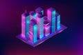 Neon glowing isometric city. Perspective buildings with violet and blue glow, modern skyscrapers isometric illustration. Royalty Free Stock Photo