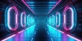 3d background neon glowing lamps in a dark tunnel. Reflections on the floor and walls. Generative AI