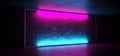 Neon Glowing Led Sci Fi Futuristic Retro Club Stage With Empty Lighted Purple Blue Frosted Glass Frame On Grunge Brick Wall