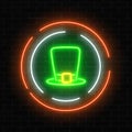 Neon glowing leprechaun hat sign on a dark brick wall background. Royalty Free Stock Photo