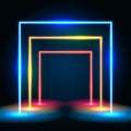 Neon glowing lines tunnel abstract background. Square portal concept.