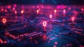 Neon Glowing Location Markers on a Futuristic Circuit Board