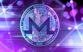 Neon glowing Monero XMR coin in Ultra Violet colors with cryptocurrency blockchain nodes in blurry background. 3D rendering