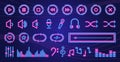 Neon glowing music icons, audio, sound, records, music players and music keys signs and symbols Royalty Free Stock Photo