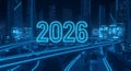 Neon glowing 2026 number over a dark future metropolis Royalty Free Stock Photo