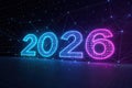 Neon Glowing 2026 Numbers on Abstract Digital Network Grid Background Royalty Free Stock Photo