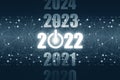 2020, 2021, 2022, 2023, 2024 neon glowing numbers on dark background. Internet grid. Power button. New Year`s banner. The concept Royalty Free Stock Photo