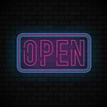 Neon glowing OPEN pointer on dark brick background. Colorful and shining retro light sign. Vector