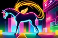 Neon glowing outlined illustration of colorful abstract pegasus