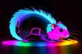 Neon glowing outlined illustration of colorful gerbil, mouse, hamster