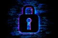 Neon glowing padlock symbol against a matrix of binary code, representing digital security. Royalty Free Stock Photo