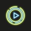 Neon glowing play button, music sign, arrow moving forward