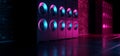 Neon Glowing Purple Blue Vibrant Loud Speakers Concert Show Realistic Concrete Floor Reflective Brick Wall Retro Synth Wave Night Royalty Free Stock Photo