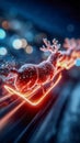 Neon glowing reindeer pulling Santa sleigh through a vibrant night sky Royalty Free Stock Photo