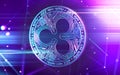 Neon glowing Ripple XRP coin in Ultra Violet colors with cryptocurrency blockchain nodes in blurry background. 3D rendering