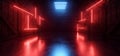 Neon Glowing Sci Fi Futuristic Warehouse Garage Stage Blue Red Lights Concrete Stone Cement Floor Rough Barn Wood Walls Showroom Royalty Free Stock Photo