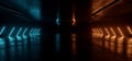 Neon Glowing Sci Fi Glowing Alien Blue Orange Futuristic Laser Beams Bouncing On Dark Grunge Concrete Tiled Floor Night Stage