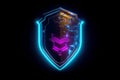 Neon glowing shield with box in the center on black background. Generative AI