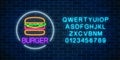 Neon glowing sign of burger with alphabet in circle frame. Fastfood light billboard symbol. Cafe menu item.