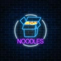 Neon glowing sign of chinese noodle in circle frame on a dark brick wall background. Cafe menu item.