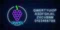 Neon glowing sign of grapes with bunch of grape in circle frame with alphabet. Bunch of grapes in round border