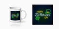 Neon glowing sign of st. Patrick day with leprechaun hat and clover leaf print for cup design. Happy saint Patrick day Royalty Free Stock Photo