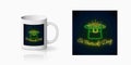 Neon glowing sign of St. Patricks Day with leprechaun hat, gold print for cup design. Happy Patrick day greeting design