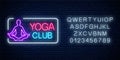 Neon glowing sign of yoga exercices club in rectangle frame with alphabet. Street lights signboard of chinese gymnastics
