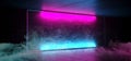 Neon Glowing Smoke Fog Sci Fi Futuristic Retro Club Stage With Empty Lighted Purple Blue Frosted Glass Frame On Grunge Brick Wall