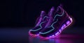 Neon glowing sport sneakers icon isolated on dark background. Sport shoes. Generated AI Royalty Free Stock Photo