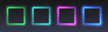 Neon glowing square frames, futuristic gradient colorful borders, modern vector decoration.