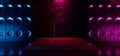 Neon Glowing Stage Podcast Concert Podium Purple Blue MIcrophone And Loud Speakers Garage Brick Wall Reflective Music Studio Event Royalty Free Stock Photo