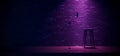 Neon Glowing Stage Podcast Interview Song Sing Night Concert Chair Podium Purple Blue MIcrophone Garage Brick Wall Reflective Royalty Free Stock Photo