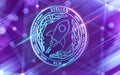 Neon glowing Stellar Lumens XLM coin in Ultra Violet colors with cryptocurrency blockchain nodes in blurry background. 3D render