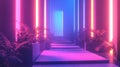 Neon Glowing Steps With Tropical Plants In Futuristic Corridor Royalty Free Stock Photo