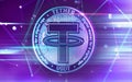 Neon glowing Tether USDT coin in Ultra Violet colors with cryptocurrency blockchain nodes in blurry background. 3D rendering