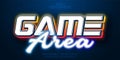Neon glowing text effect, game area multicolor text style isolated on blue background Royalty Free Stock Photo