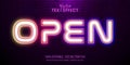 Neon glowing text effect, open text style isolated on brick wall background Royalty Free Stock Photo