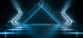 Neon Glowing Triangle Blue Metal Construction Concrete Tunnel Corridor Hall Studio Cyber Spaceship Retro Modern Sci Fi Futuristic